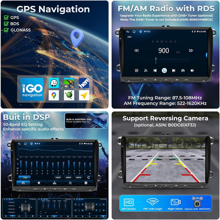 [Upgrade 6+128GB] Autoradio für VW Golf Passat Touran Seat Skoda, 9 Zoll Touchscreen Radio mit Wirel