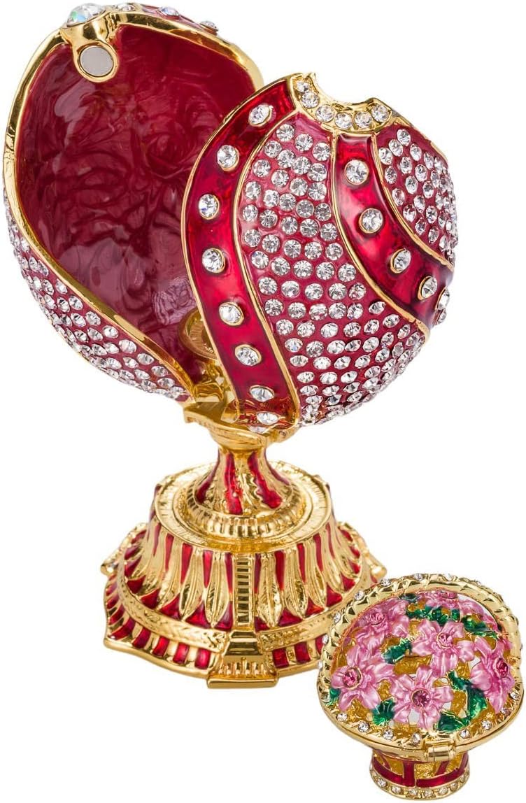 Danila-Souvenirs Fabergé-Stil verdrehtes Ei mit Korb der Blumen 12 cm rot