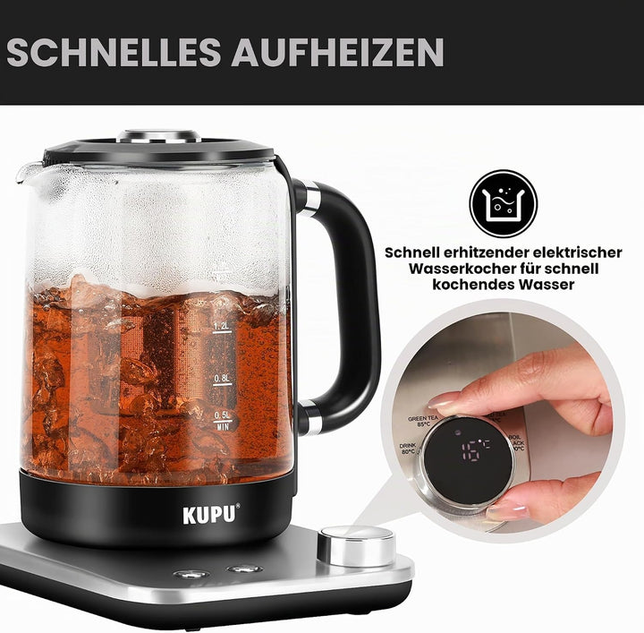 KUPU Glas Wasserkocher mit Temperatureinstellung, 1,6L Wasserkocher, 2200 Watt schnelles Aufheizen,