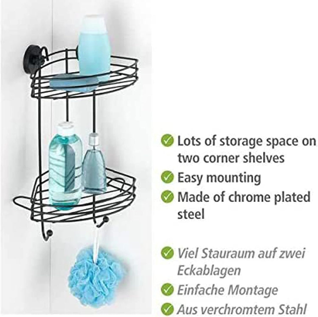 WENKO Vacuum-Loc® Eckregal 2 Etagen Schwarz, Duschablage mit 2 Ebenen und 2 Haken aus lackiertem Sta