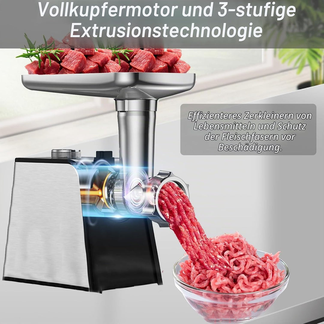 Fleischwolf Elektrisch, 3 in 1 Elektrischer Fleischwolf mit 3 Platten, Wurstfüller und Kubbe Kit, Ha