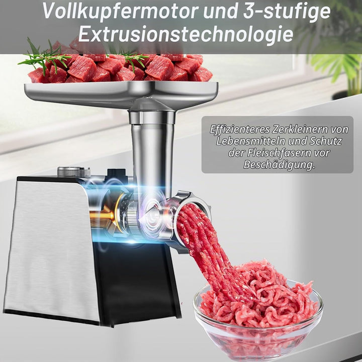 Fleischwolf Elektrisch, 3 in 1 Elektrischer Fleischwolf mit 3 Platten, Wurstfüller und Kubbe Kit, Ha