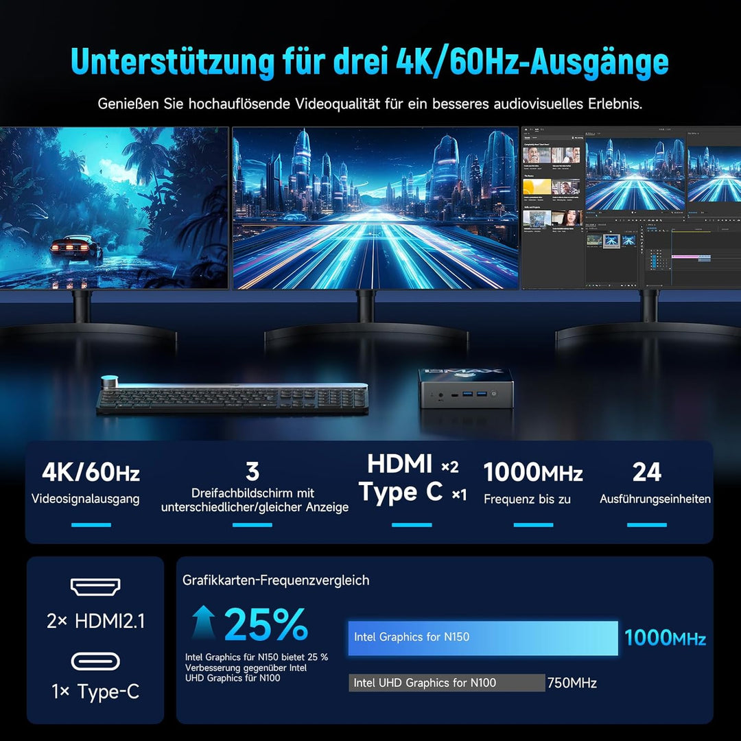 BMAX Mini PC B4Trubo Twin Lake N150 16GB DDR4 1TB SSD Mini Desktop Computer Triple Display 4K UHD,