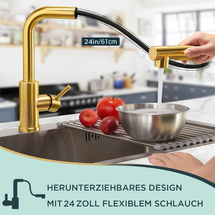 FORIOUS Wasserhahn Küche Schwarz, Hochdruck Küchenarmatur mit Brause Ausziehbar Armatur, Mischbatter
