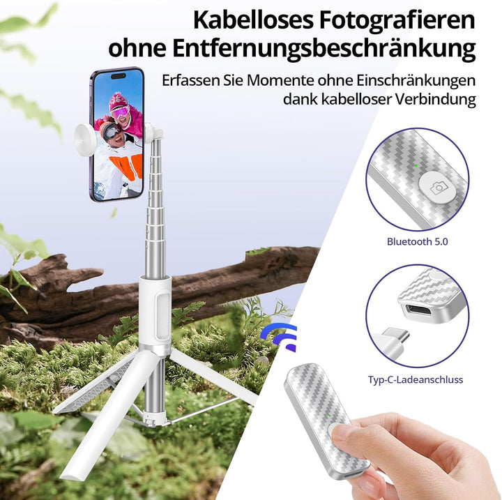 ATUMTEK 172CM Selfie-Stick Stativ Ausziehbares All-in-One-Handystativ aus Aluminium mit Bluetooth Fe
