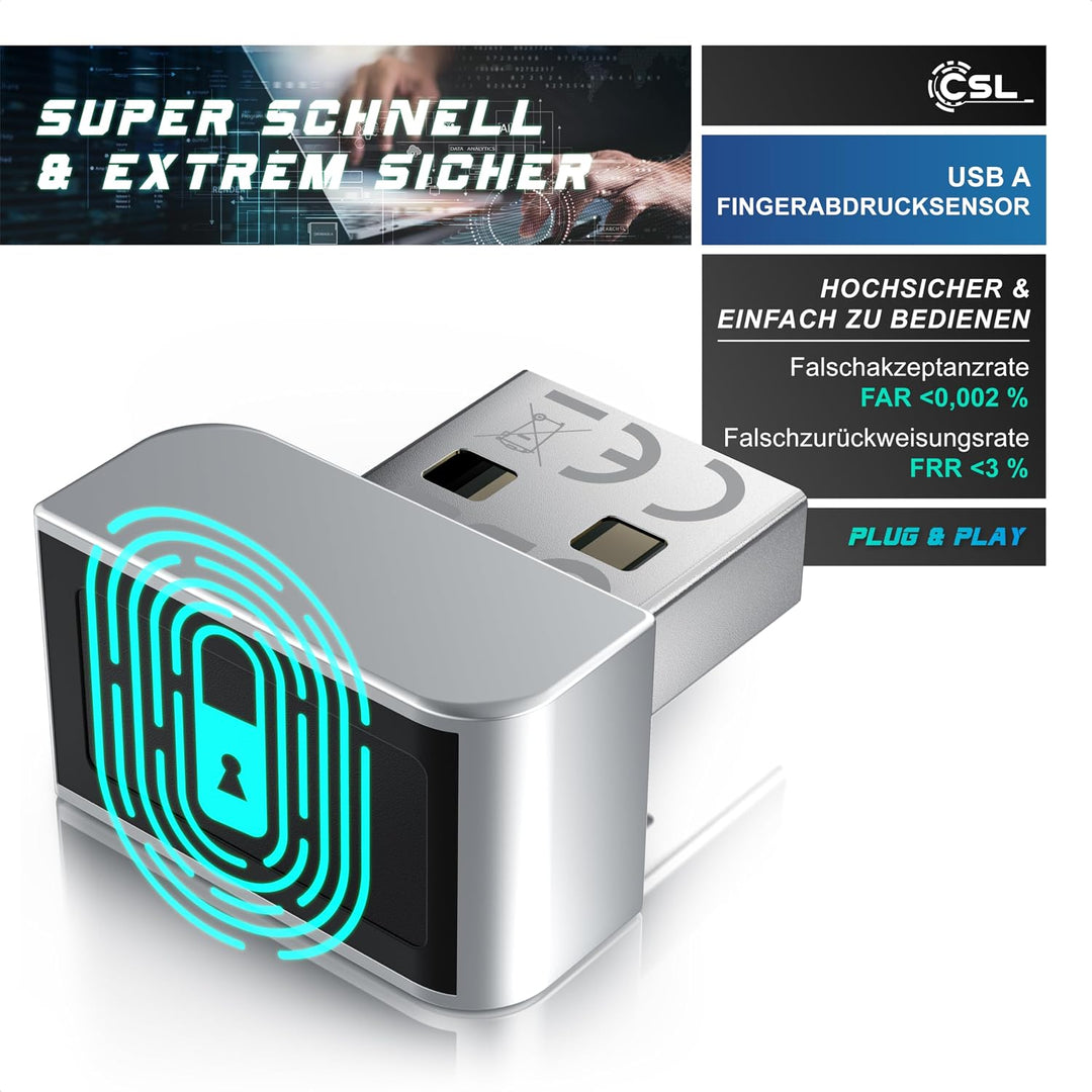 CSL - USB Fingerabdrucksensor für PC - Fingerprint Key - bis zu 10 IDs – kompatibel mit Windows 11 –