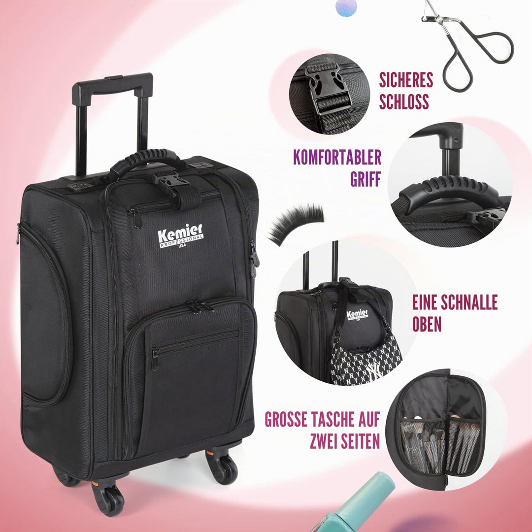 Kemier Make up Koffer, Weiche Zweiseitige Nylon Rollen Mobiler Kosmetik Organizer mit Tasche, Schwar