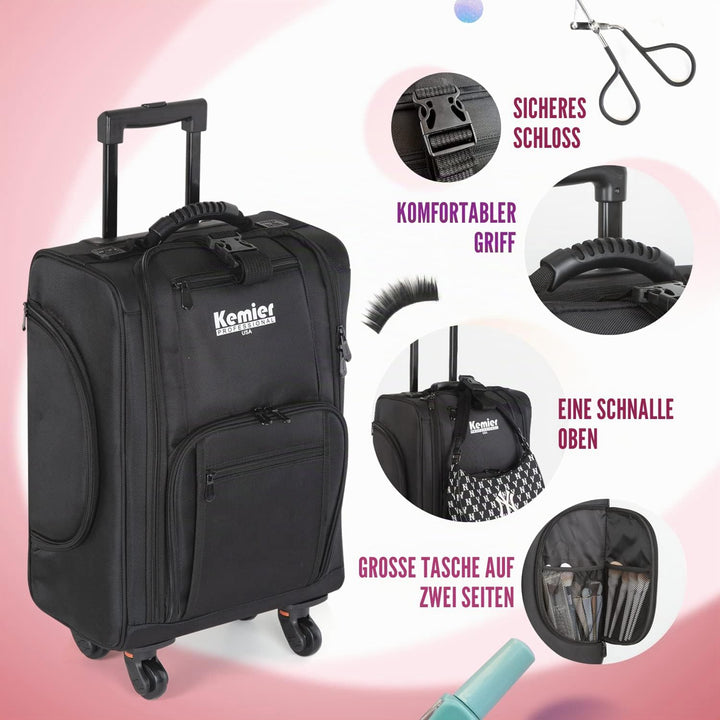 Kemier Make up Koffer, Weiche Zweiseitige Nylon Rollen Mobiler Kosmetik Organizer mit Tasche, Schwar