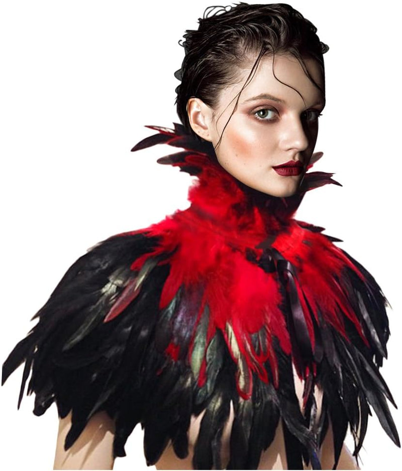 keland Schwarzer Gothic Victorian natürlicher Feder-Kap-Schal-Stola Poncho mit-Kragen Rot, Rot
