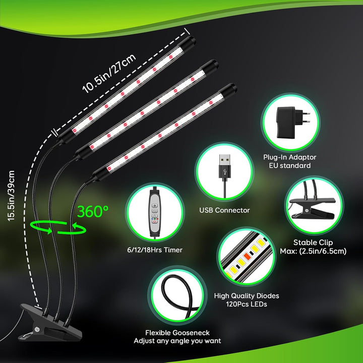 1Pack 3Köpfe Pflanzenlampe LED, Pflanzenlicht Vollspektrum, Pflanzenleuchte mit Zeitschaltuhr, 3 Far