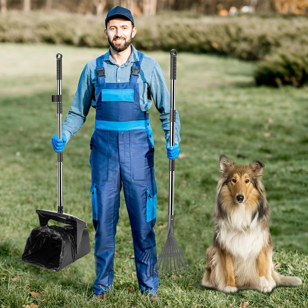 Hundekot Schaufel Set mit Drehbarem Eimer, Rechen und 20 Beuteln – Langer Griff, Kotaufheber für Gar
