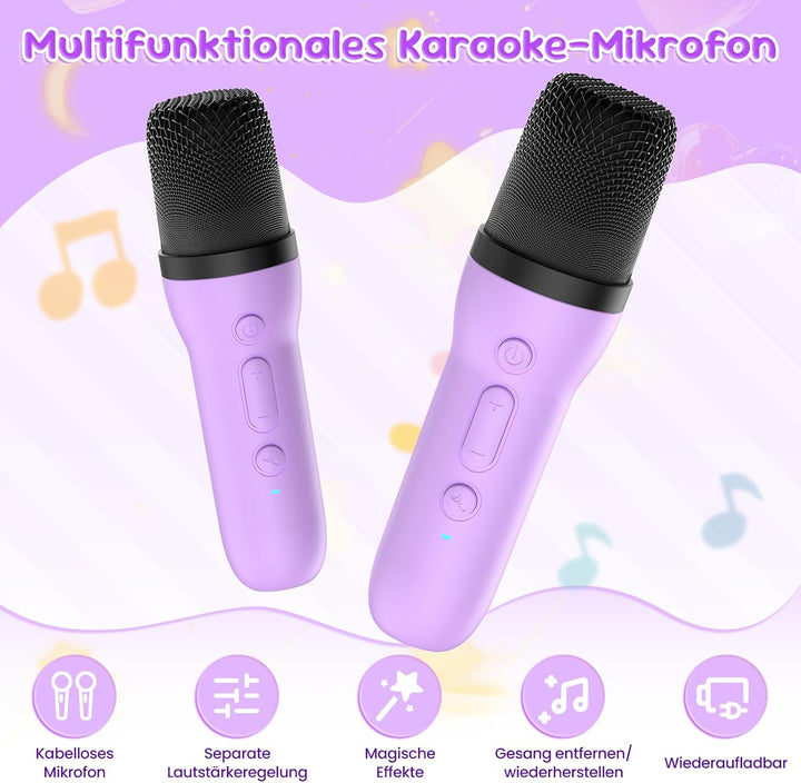 Kinder Karaoke Maschine mit 2 kabellosen Bluetooth Mikrofonen, Kompaktes Einhorn Musikspielzeug mit