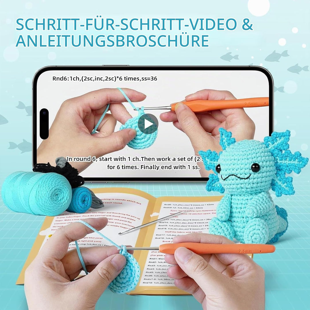 Häkelset für Anfänger Axolotl Häkelnadel Set für Tiere Strickset Bastelset für Erwachsene Kinder Häk