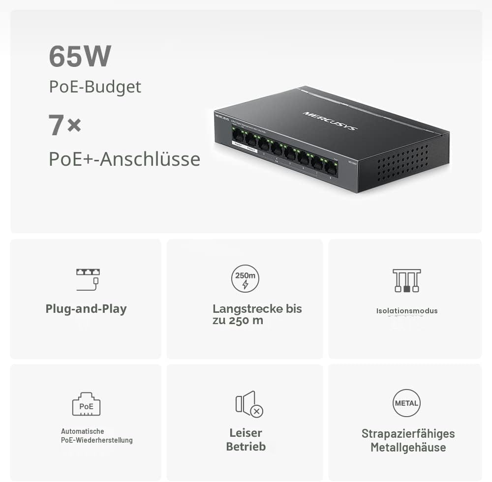 MERCUSYS MS108GP Gigabit RJ45 Switch, 8 Ports, 7 PoE+ Ports, PoE-Übertragung bis zu 250 Meter, Ether