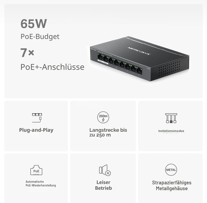 MERCUSYS MS108GP Gigabit RJ45 Switch, 8 Ports, 7 PoE+ Ports, PoE-Übertragung bis zu 250 Meter, Ether