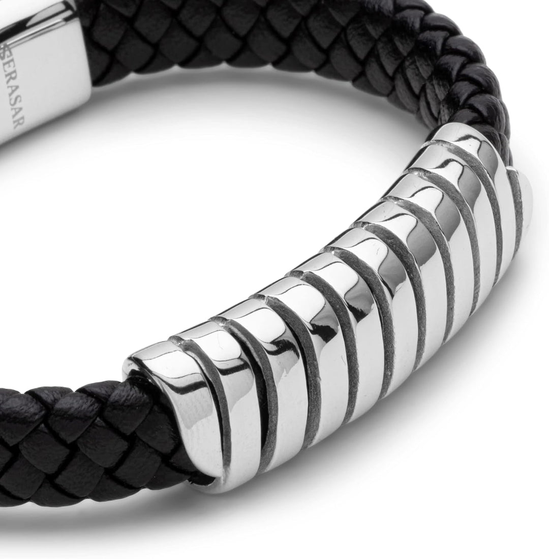 SERASAR Premium Lederarmband für Männer in Schwarz | Magnetverschluss aus Edelstahl in Schwarz, Silb