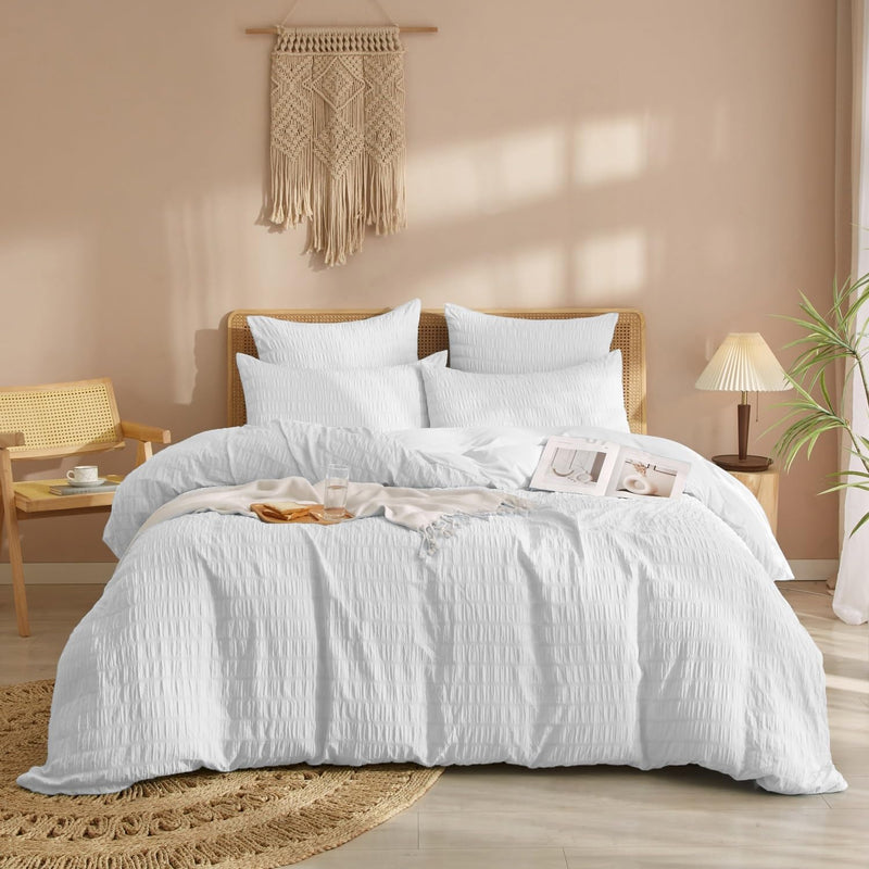 Luofanfei Seersucker Bettwäsche 135x200 Weiss Sommer Uni Weiss Wende Bettwäsche Set Microfaser Atmun