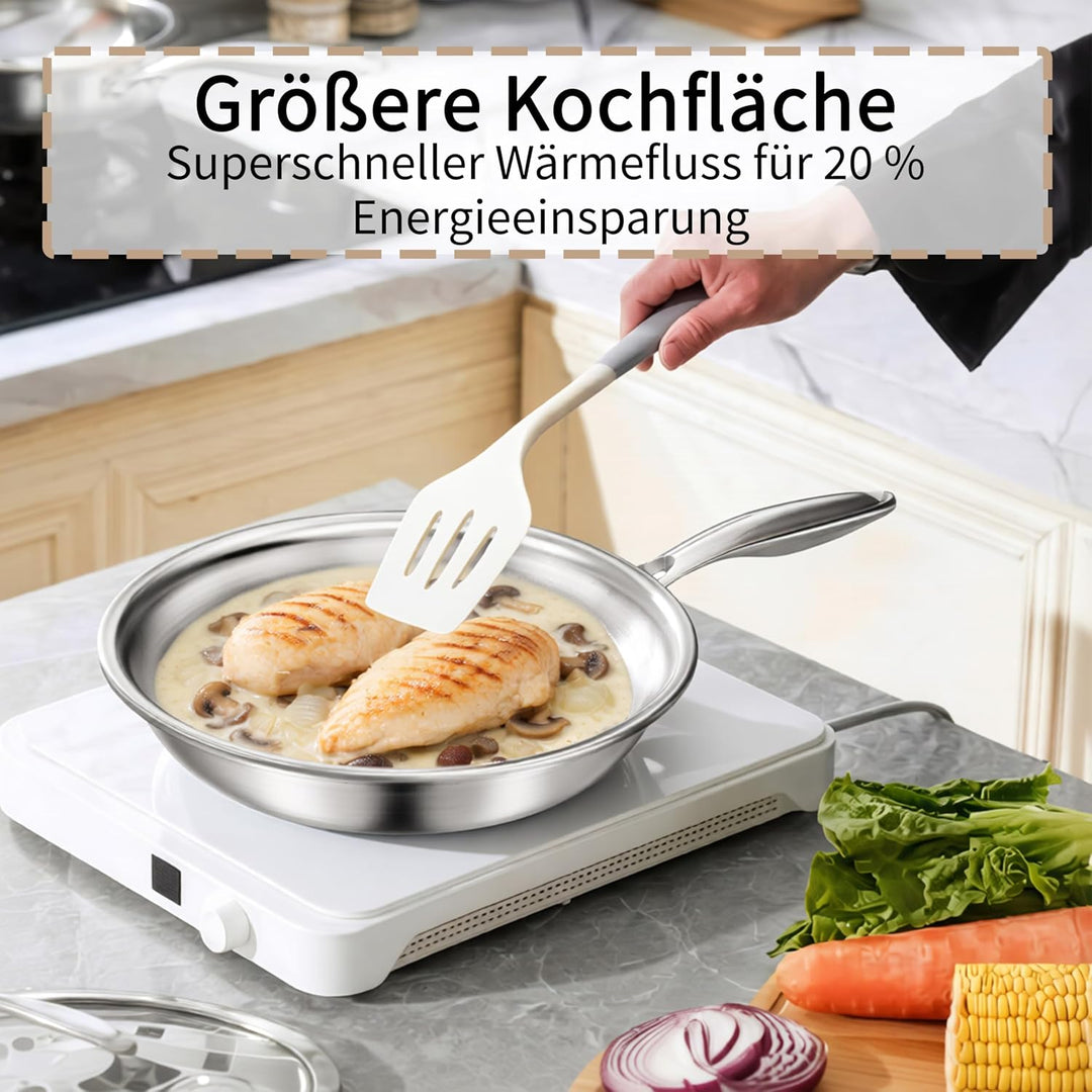Edelstahl Pfanne,unbeschichtet, Pfanne Induktion, langlebig,3-Schicht Komplett Ungiftig, für alle He