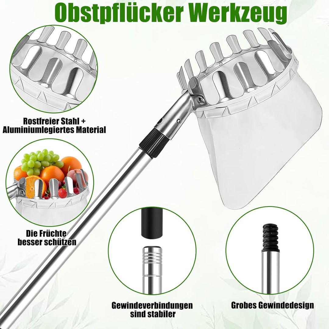 4,2M Obstpflücker mit Teleskopstiel, Apfelpflücker, Kirschenpflücker mit Leichter Edelstahl Teleskop