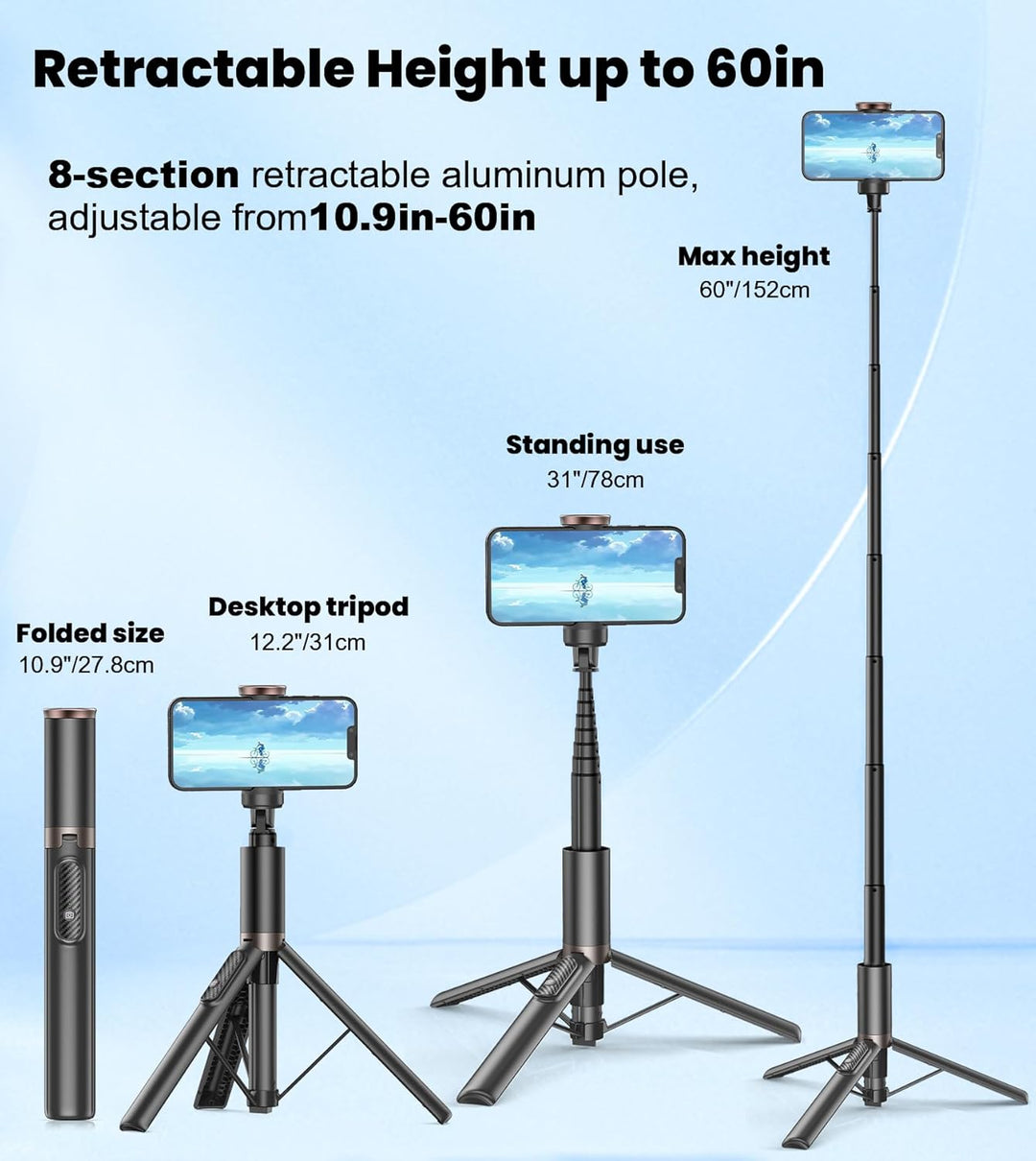 TONEOF 153CM Selfie Stick Stativ, Verbesserte 360° Drehbare Selfie Stange, Ausziehbares All-in-1 Han