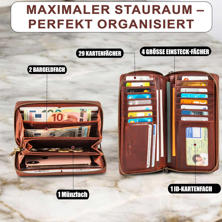 MATADOR Geldbörse Damen XXL Gross Leder Geldbeutel Doppelter Reissverschluss TÜV Geprüfter RFID & NF