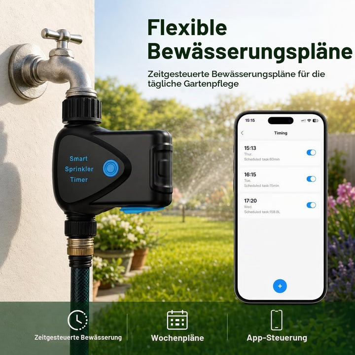 WLAN Bewässerungscomputer mit App Steuerung, WiFi Bewässerungstimer mit Wasserzähler, ohne Hub, Meng