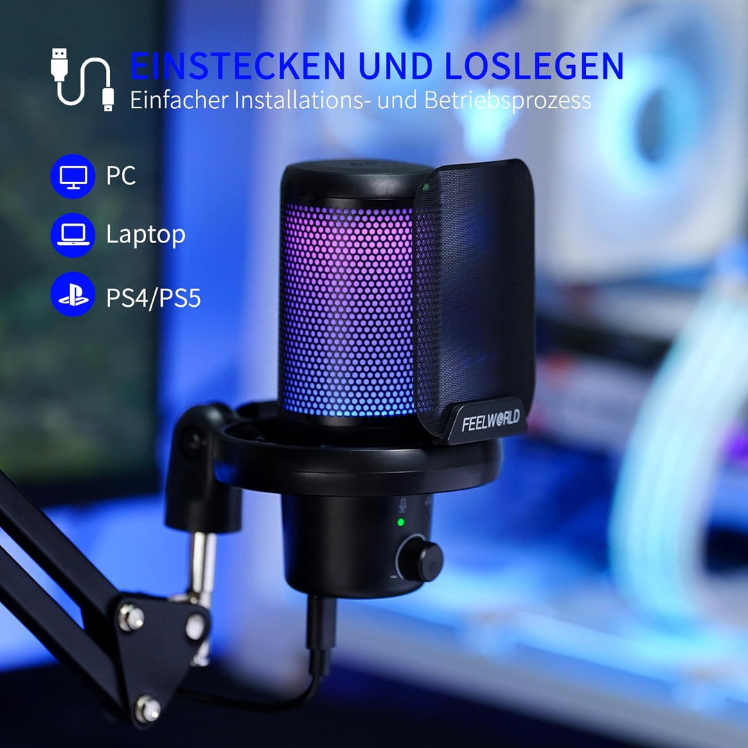 FEELWORLD VM1 USB-Gaming-Mikrofon mit Kragarmständer für Podcast-Aufnahmen, Computerspiele, Studio-M