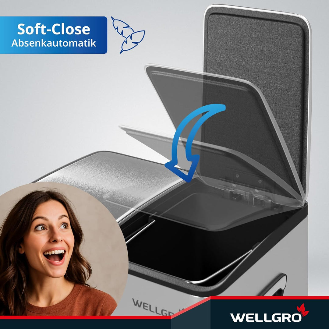 WELLGRO Mülleimer Küche 30 Liter – Edelstahl Treteimer 2x15 Liter silber mit Softclose-Deckel, Müllt