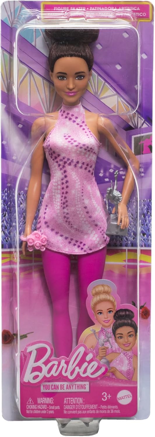 BARBIE Eiskunstläuferin Puppe - Pinkes Eiskunstlaufoutfit, abnehmbares Oberteil und Schlittschuhe, i