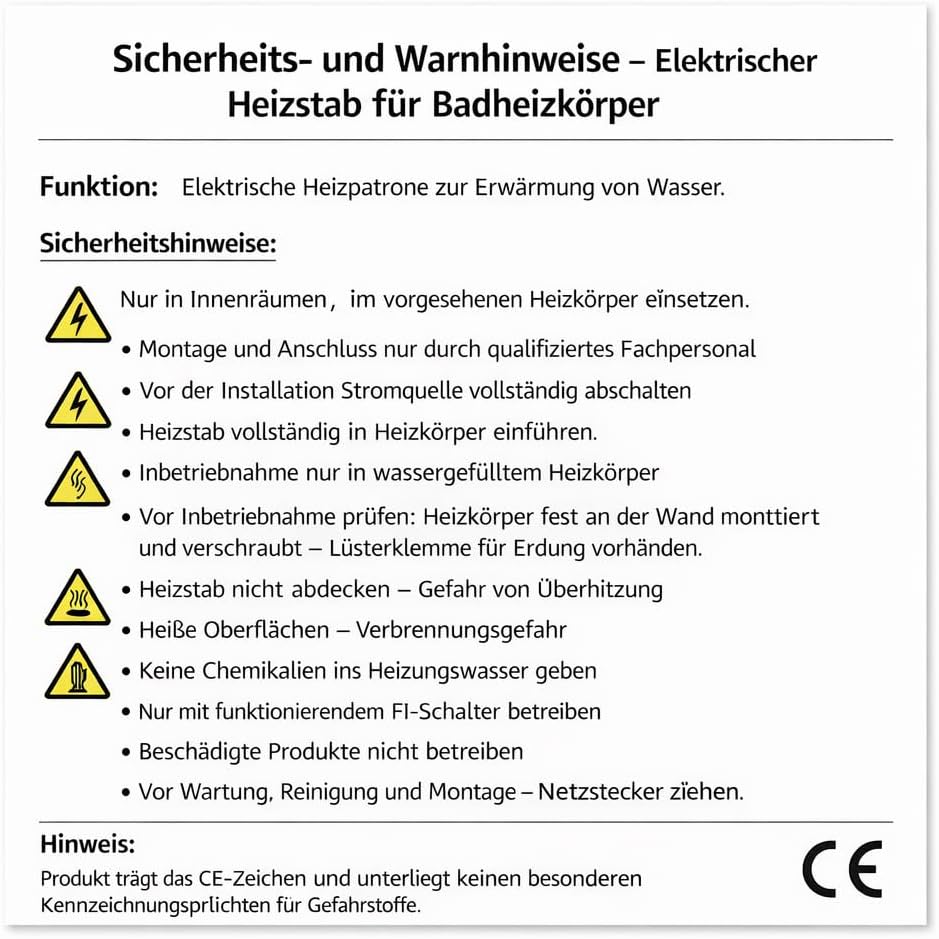 Heizstab mit analogem Thermostat für Badheizkörper 300 Watt 300 Watt Weiss, 300 Watt Weiss