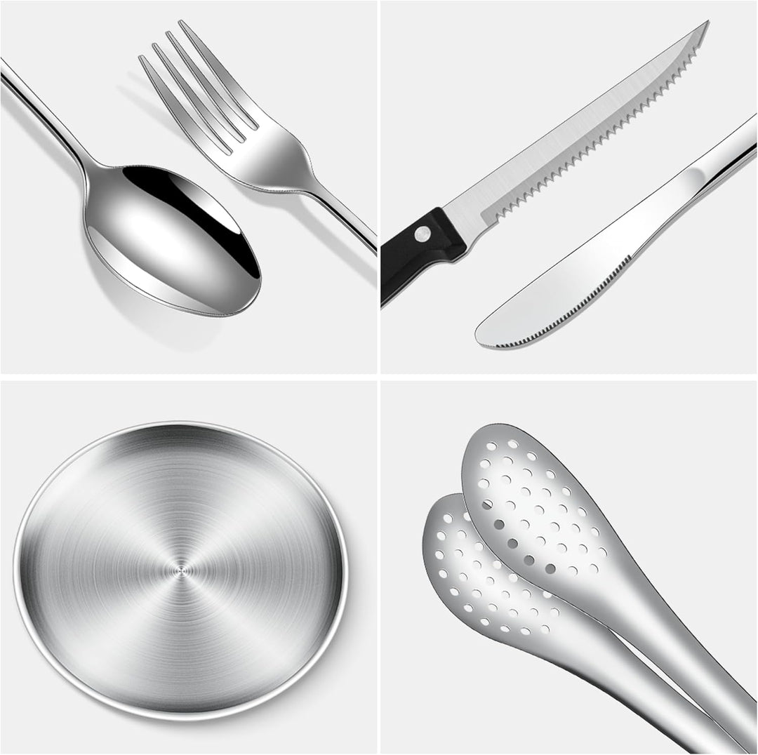 Camping Geschirr Set mit Bechern – Besteckset mit Edelstahl Gabeln, Messer, Löffel, Teller und Silik