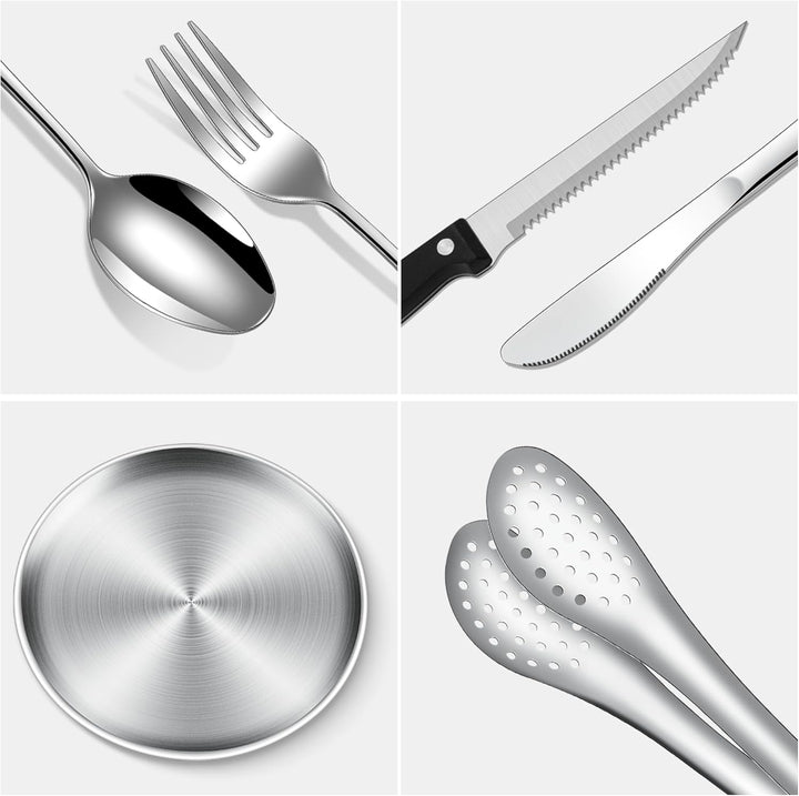 Camping Geschirr Set mit Bechern – Besteckset mit Edelstahl Gabeln, Messer, Löffel, Teller und Silik