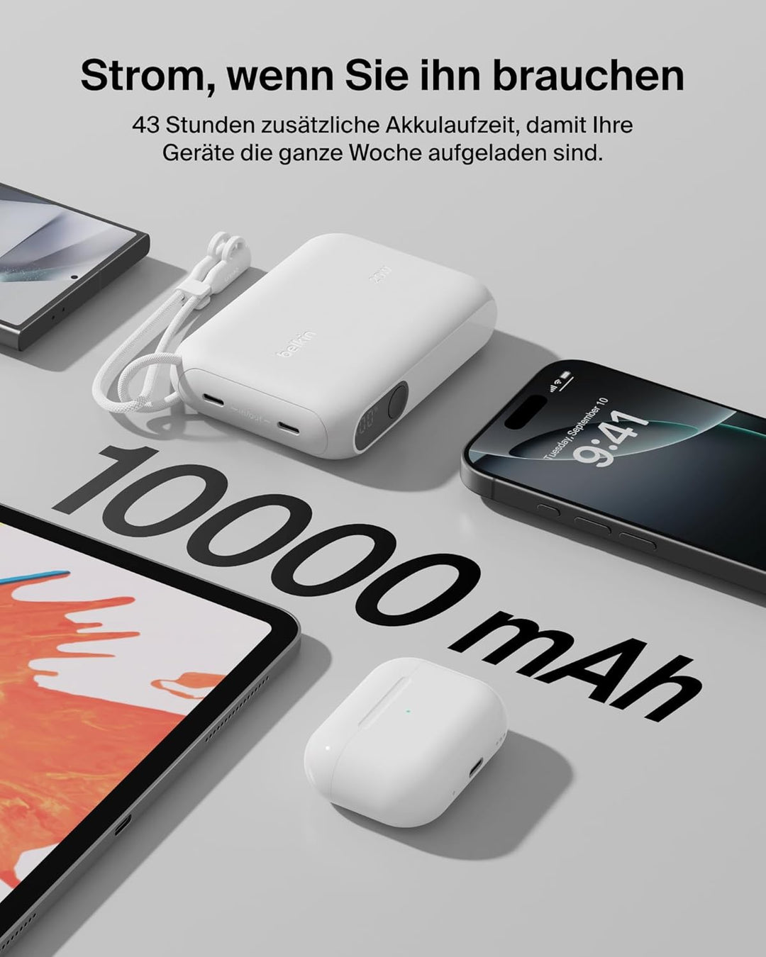 Belkin BoostCharge 10000mAh Power Bank, Digitale Akkuanzeige – Weiss, Weiss