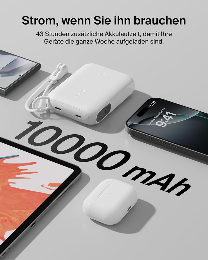 Belkin BoostCharge 10000mAh Power Bank, Digitale Akkuanzeige – Weiss, Weiss