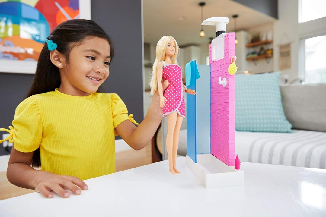 Barbie FXG51 Barbie Deluxe-Set Möbel Badezimmer & Puppe Badezimmer mit Dusche, Badezimmer mit Dusche