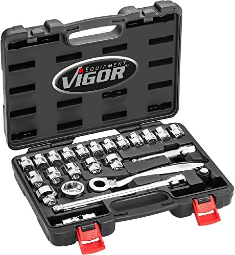 Vigor Satz (12,5 mm (1/2“) Vierkantabtrieb, superflache Umschaltknarre 20 mm Flacher, Diverse Stecks