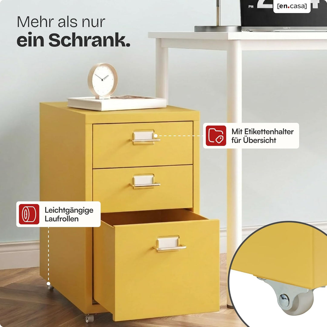 [en.casa] Rollcontainer Kökar Schubladenschrank Metall Aktenschrank mit 3 Schubladen Bürowagen mit R