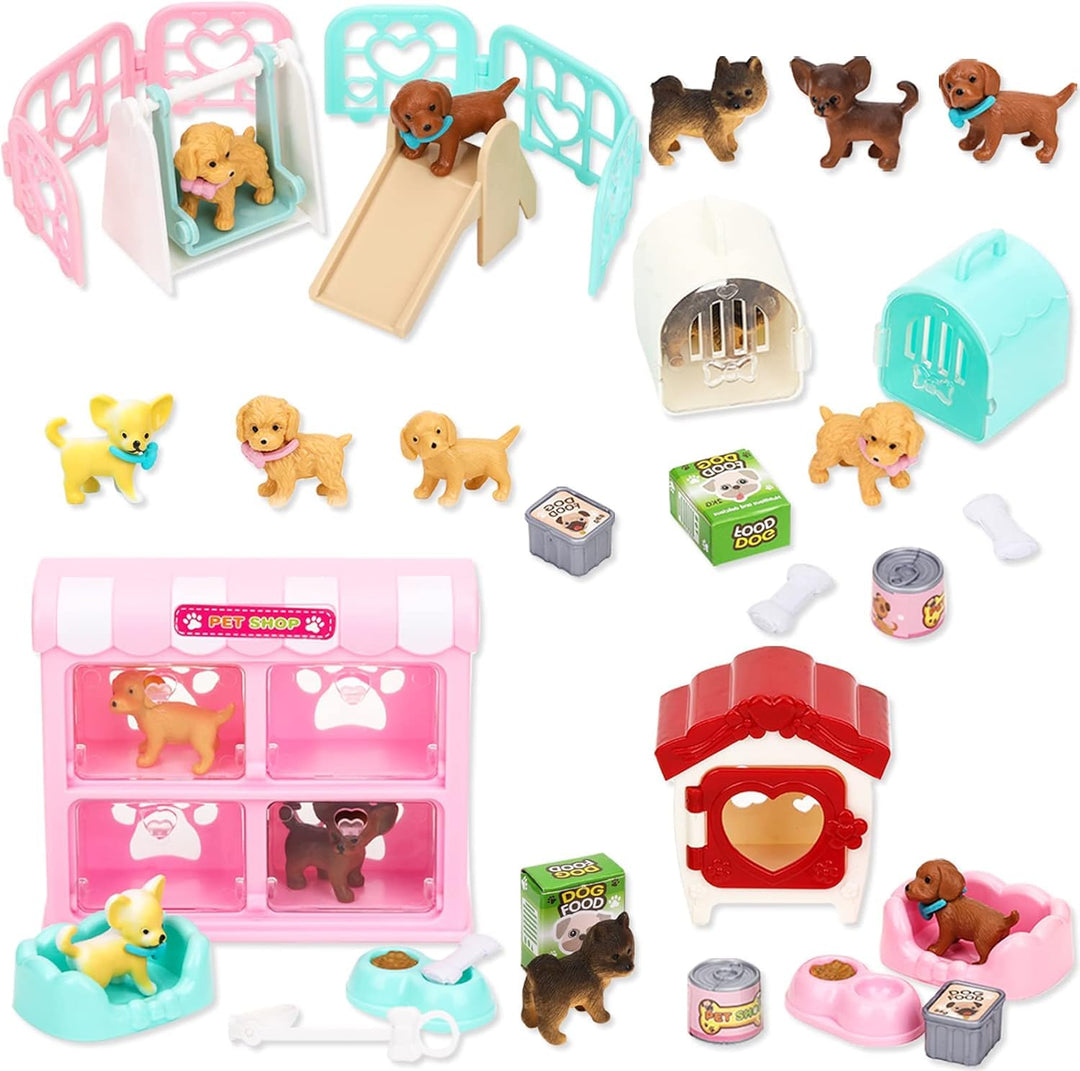 27 Stück Hund Puppenhaus Zubehör, Realistische Hundefiguren Spielzeugset mit Mini Hundefiguren, Hund