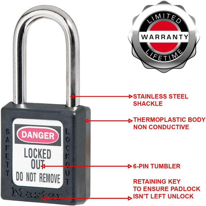 Master Lock ML410BLK 410BLK Lockout Tagout Sicherheitsvorhängeschloss, schwarz, 9,2 x 4,8 x 2,7 cm,