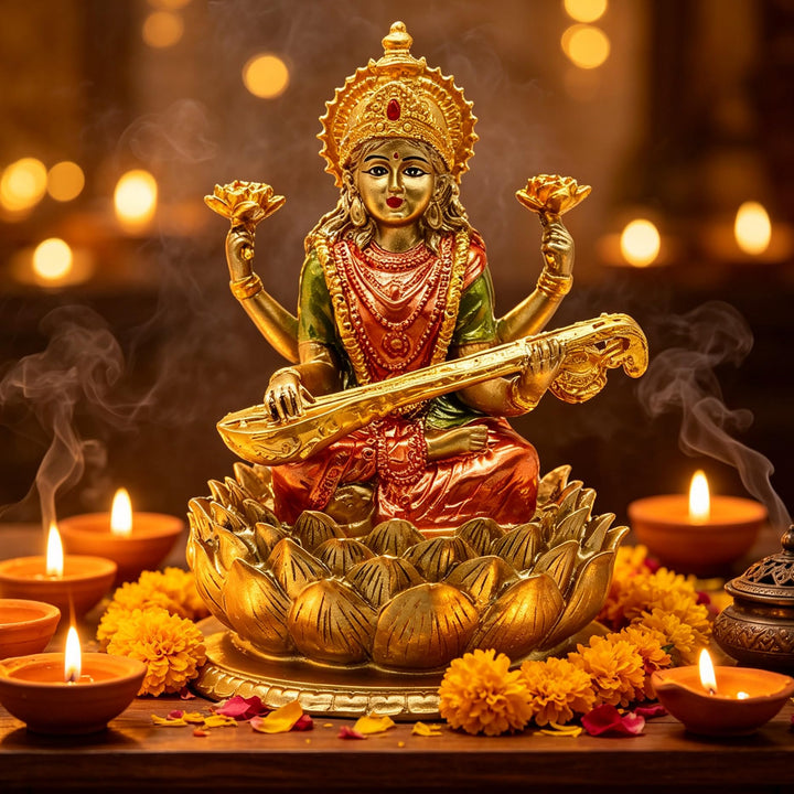 BangBangDa Hindu-Göttin Lord Saraswati Statue – Indisches Idol der Musik sitzend auf Lotus-Skulptur