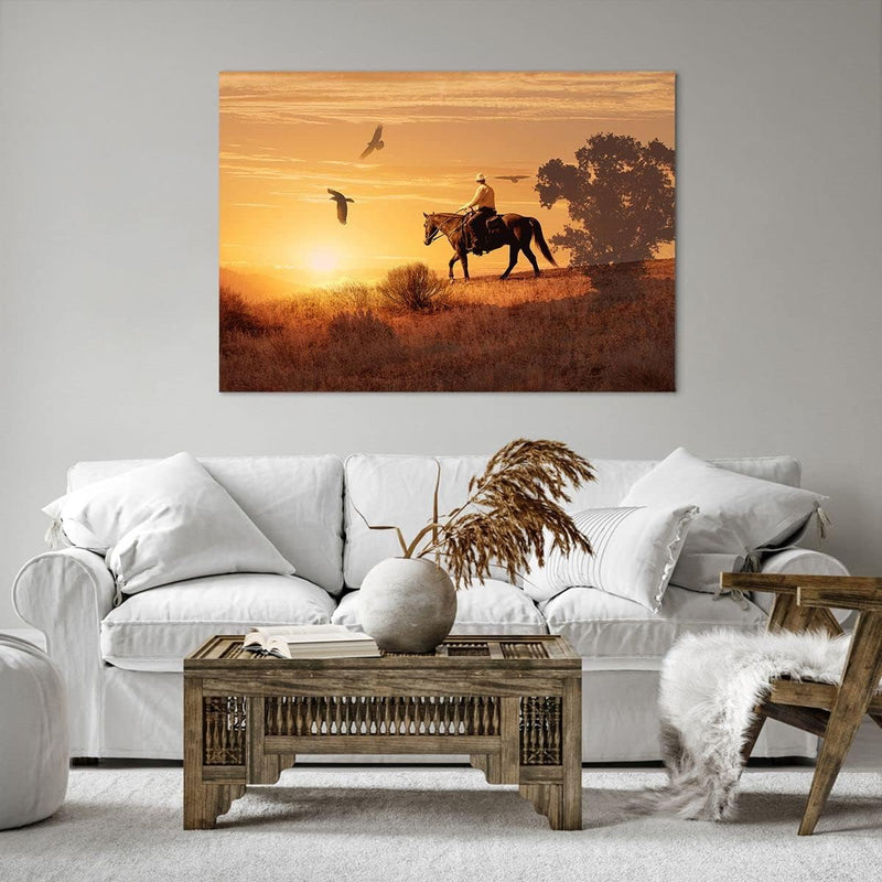 Bilder auf Leinwand 100x70cm Leinwandbild Pferd Cowboy Bauernhof Reiten Gross Wanddeko Bild Schlafzi