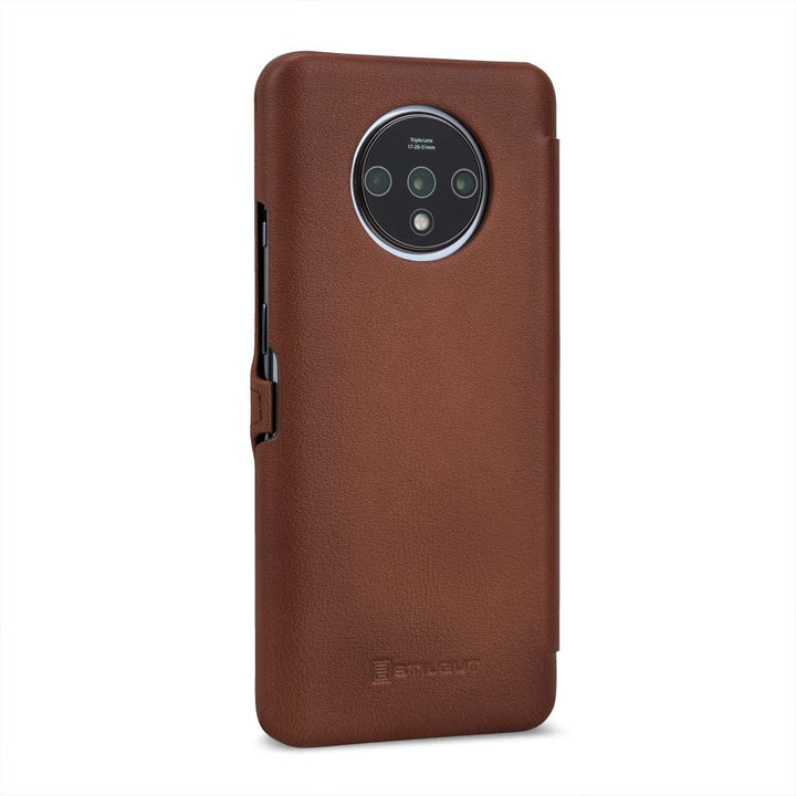 STILGUT Hülle geeignet für OnePlus 7T Lederhülle Book Type, braun antik mit Clip OnePlus 7T braun an