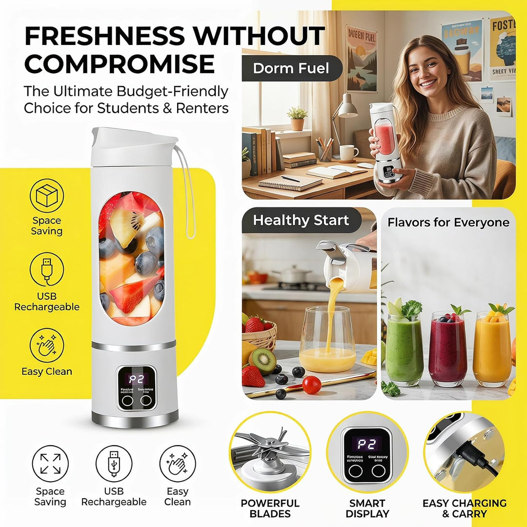 Yuragim Tragbarer Mixer Smoothie Maker To Go, 450ML Portable Blender mit LED Display & 12 Edelstahlk