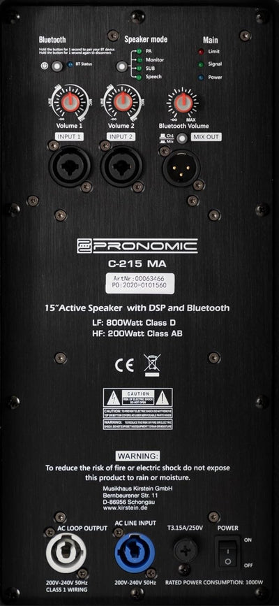 Pronomic C-215 MA Stereo Set - Zwei aktive 2-Wege Boxen - Leistung: 2000 Watt - 15" Woofer + 1,75" H
