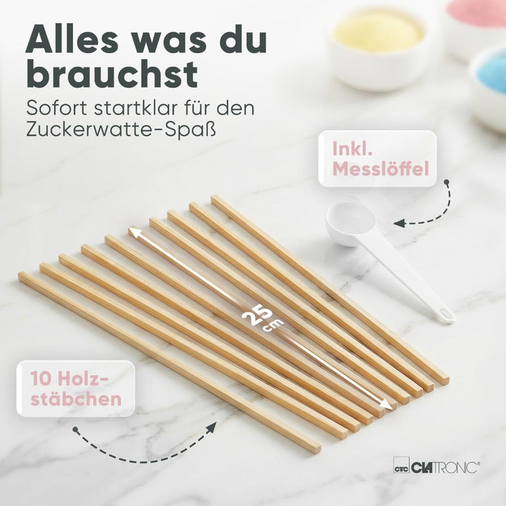 Clatronic® Zuckerwattemaschine | für Zuckerwatte in wenigen Minuten | inkl. Messlöffel und 10 Holzst
