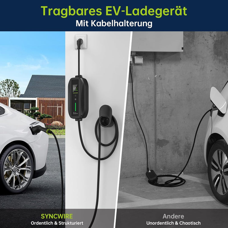 SYNCWIRE EV Ladegerät Typ 2 Anschluss Ladekabel 5,5m, Ladekabel Typ 2 Schuko 6/8/10/13/16A Einstellb