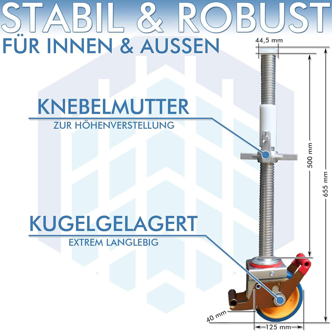 AC Steigtechnik Gerüstrollen 125 mm mit Stahlspindel, doppelt gebremst, lotrecht stehend, Set mit 4