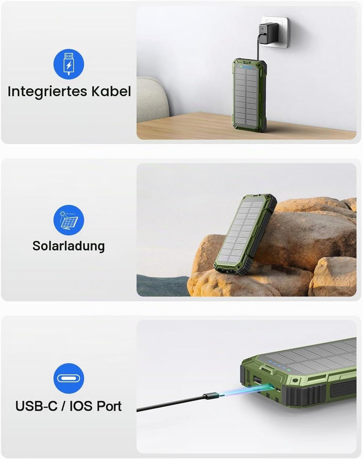 Solar Powerbank, 26800 mAh Tragbares Ladegerät mit 4 Integrierten Kabeln, Solar-Akkuladegerät mit US