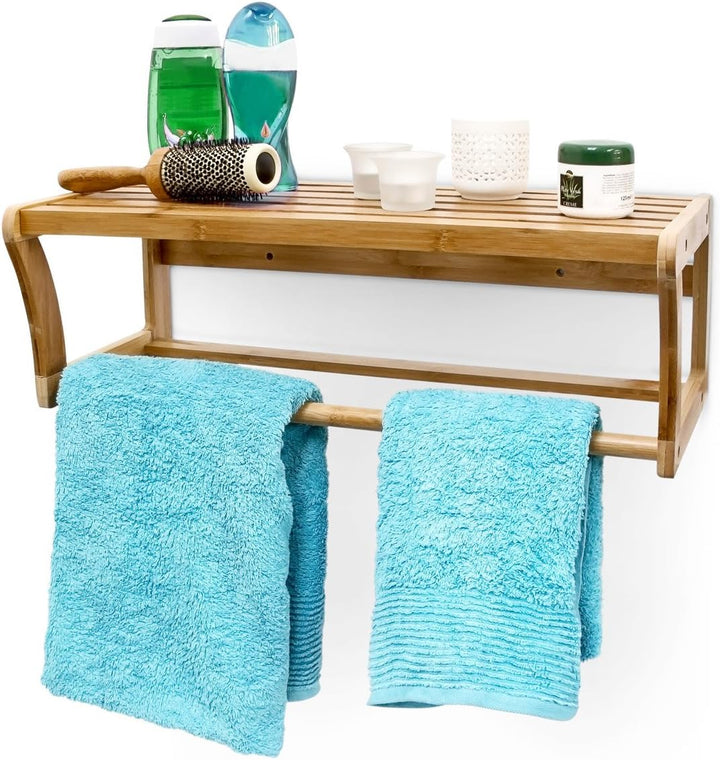 Relaxdays Wandregal mit Handtuchstange aus Bambus HBT 20 x 60 x 26 cm Badregal zur Wandmontage als H