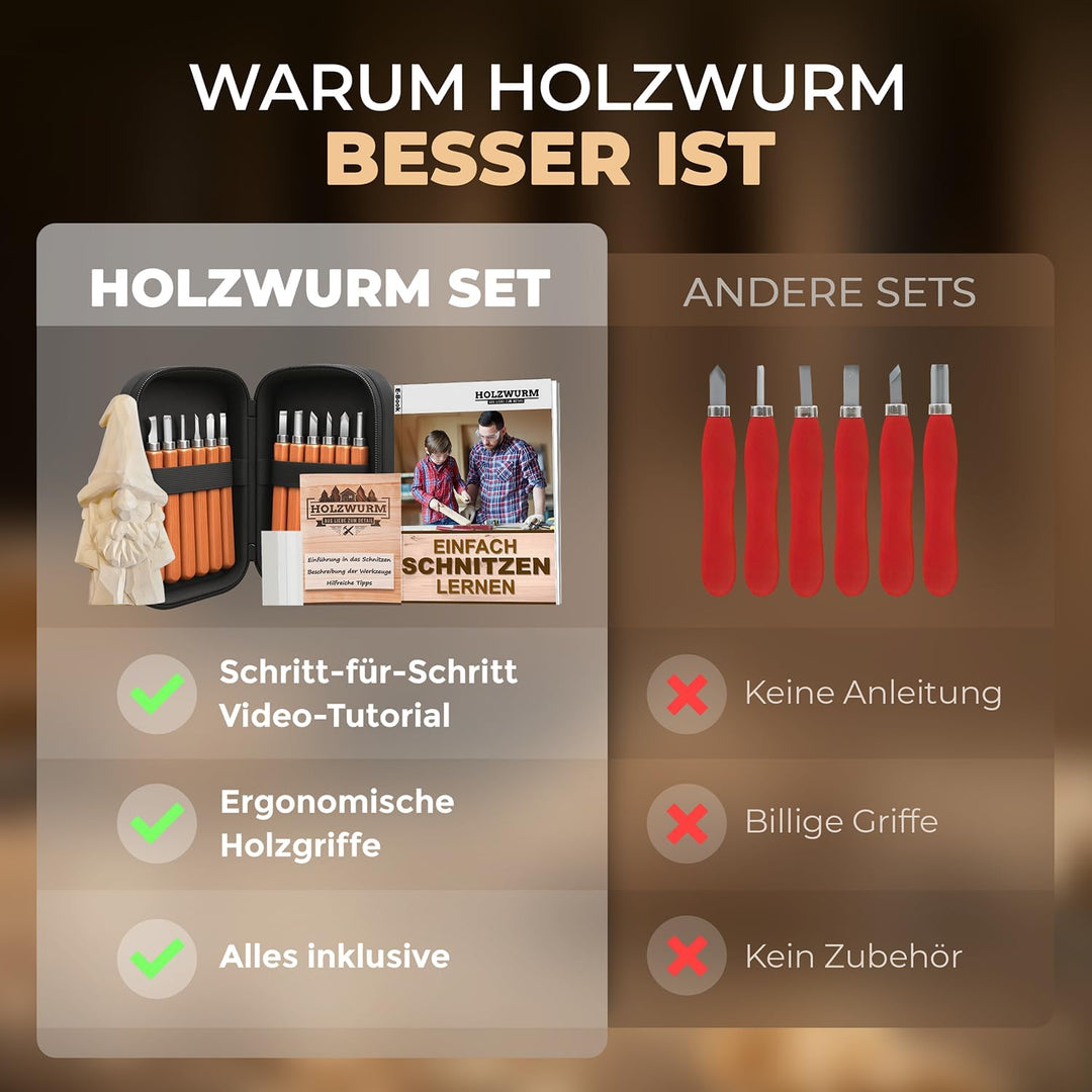 HOLZWURM Holz-Schnitzwerkzeug Set 12-tlg, inkl. Tasche, Anleitung & Abziehstein, ideales Schnitzmess